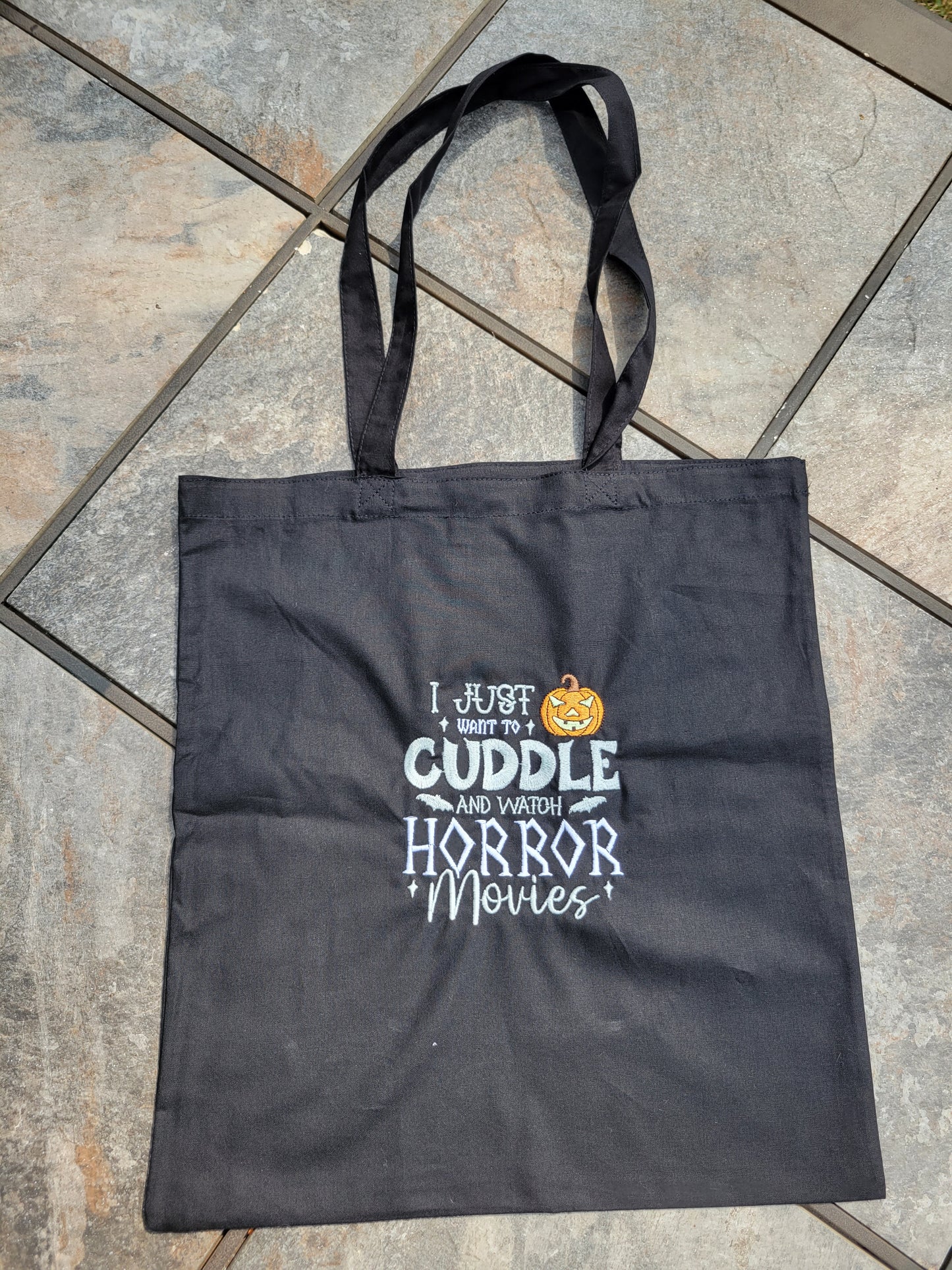 "I just want to cuddle and watch horror movies" Embroidered Tote Bag - GLOW IN THE DARK!